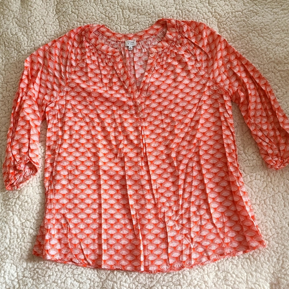 Crown & Ivy Red-Orange/Coral/White Fan Boho Top Peasant Blouse Tunic Medium